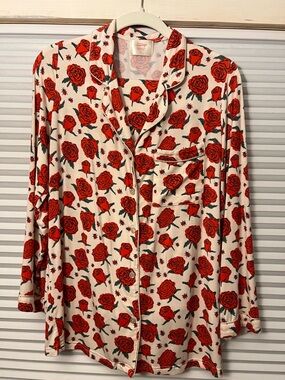 Women's Cream Rose-Print Pajama Top - Floral Long Sleeve long pants